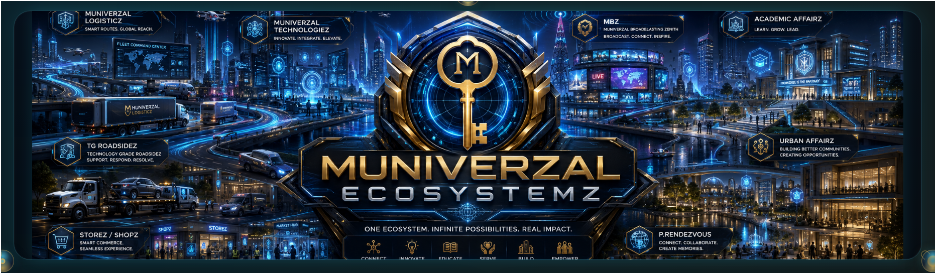 Futuristic Muniverzal Ecosystemz panorama connecting its major divisions